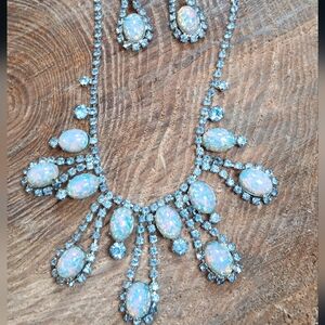 Elegant Silver Blue Rhinestone & Glass Opal 15" Necklace and Screw Back Earrings